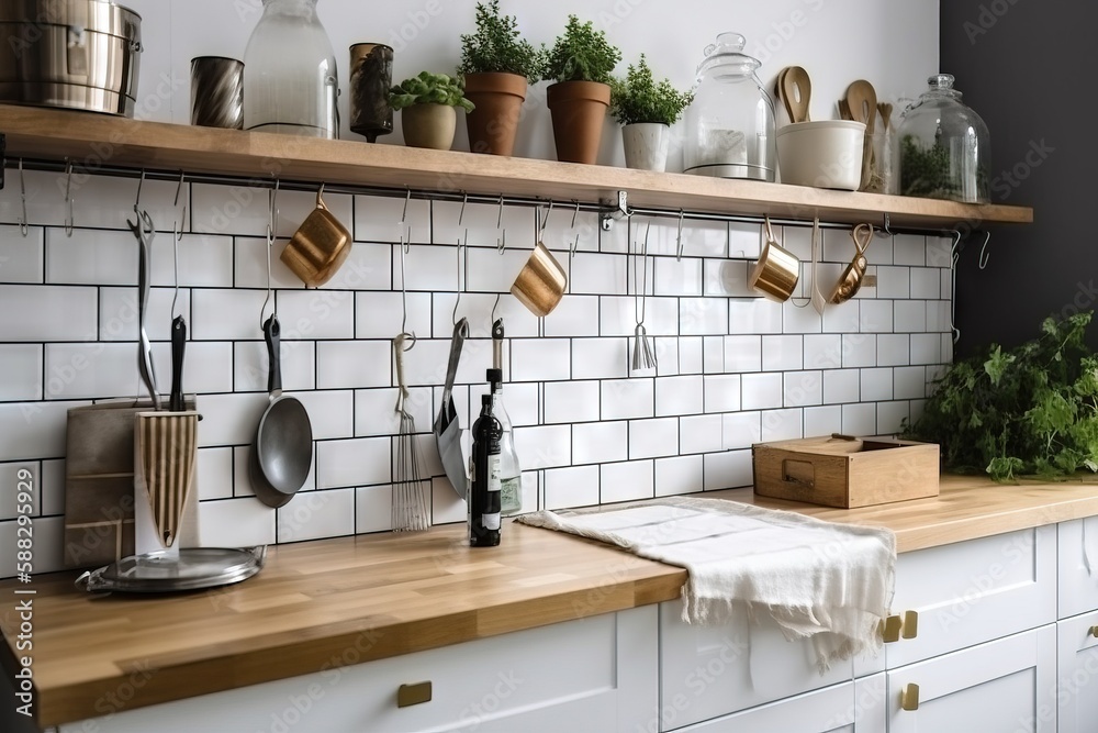  a kitchen counter with pots and pans hanging on the wall and a cutting board on the counter with ut