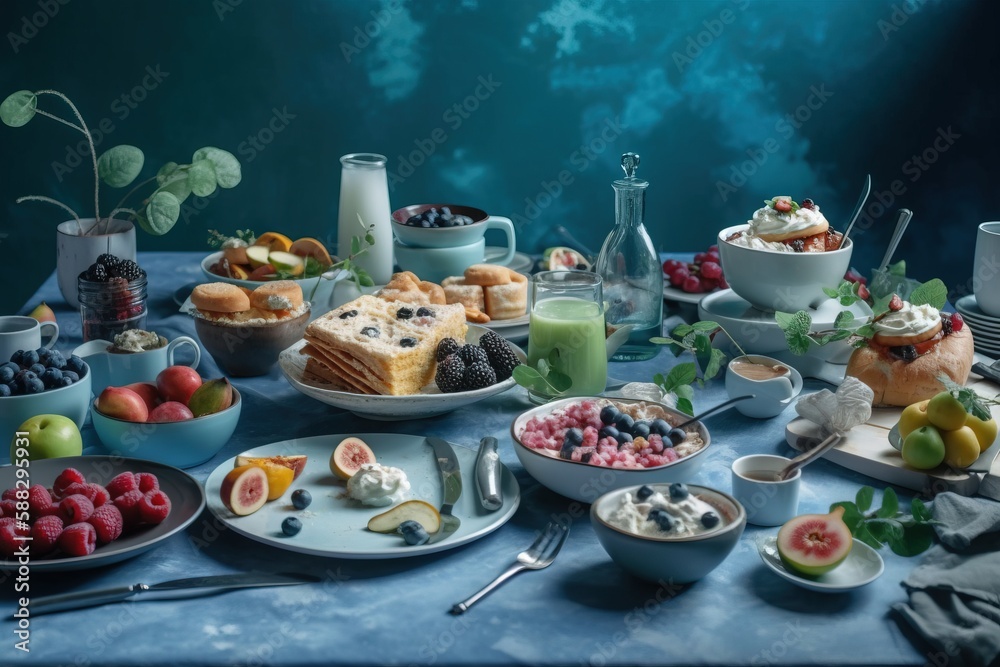  a blue table topped with plates of food and bowls of fruit next to a bowl of fruit and a bowl of fr