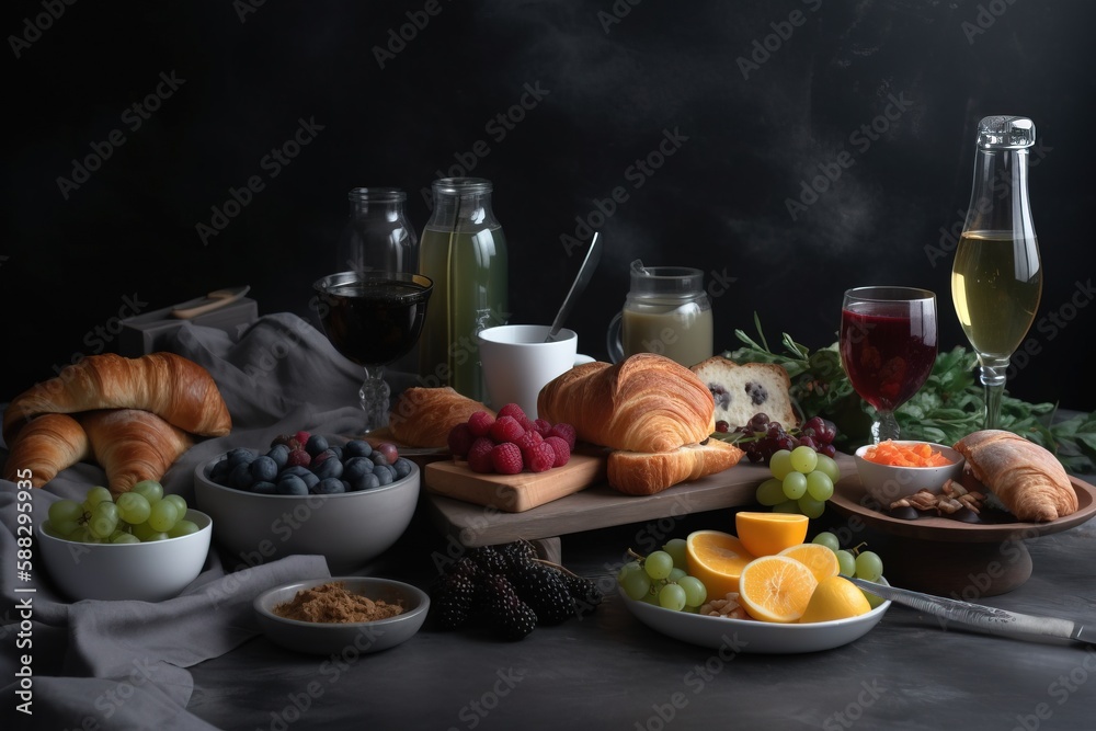  a table topped with bowls of fruit and a plate of bread next to a glass of wine and a plate of frui