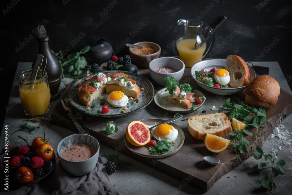  a table topped with plates of food next to a bowl of fruit and a pitcher of orange juice and a glas