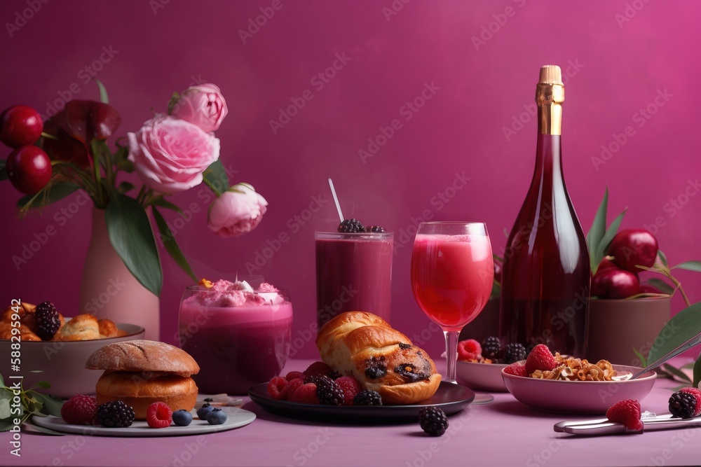  a table topped with plates of food and a bottle of wine next to a bowl of fruit and a vase of flowe