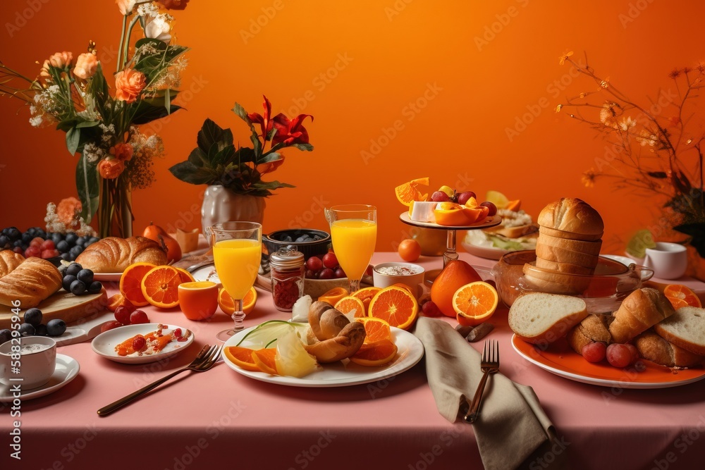  a table with oranges, croissants, bread, orange juice, and other food on it with a vase of flowers 