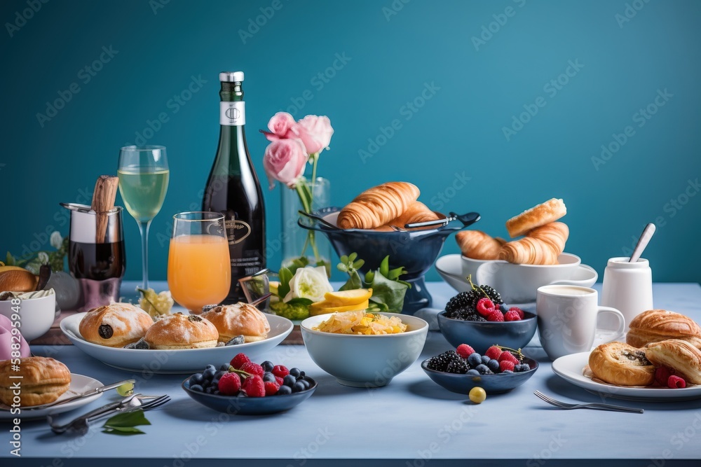  a table topped with plates and bowls of food next to a bottle of wine and a glass of orange juice a