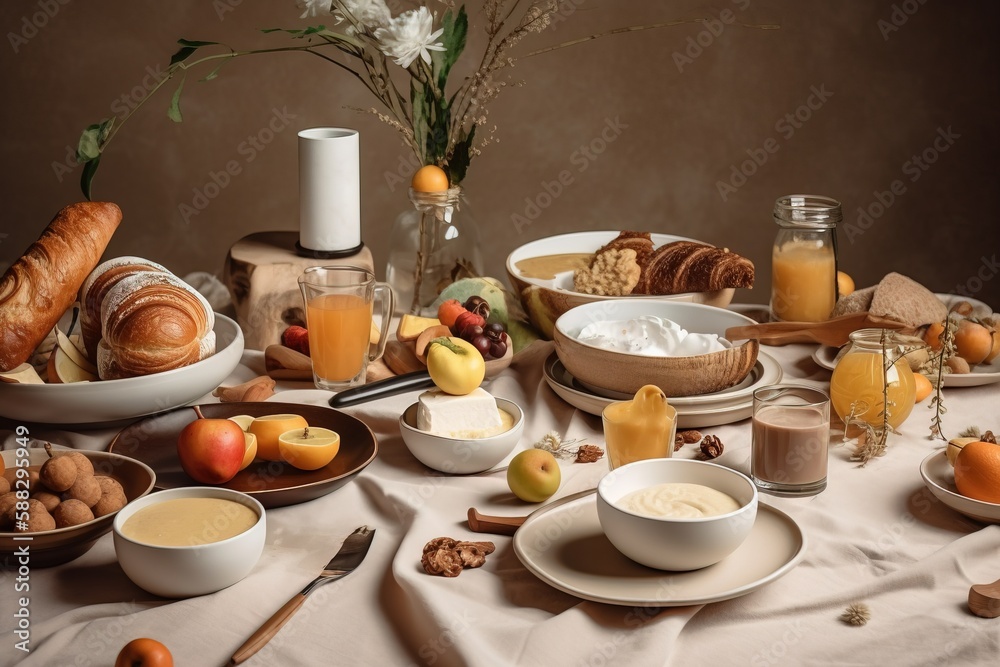  a table topped with bowls of food and a vase filled with oranges and other fruit and vegetables nex