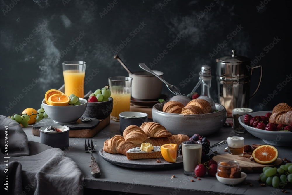  a table topped with a bowl of fruit and a plate of croissants next to a bowl of oranges and a bowl 