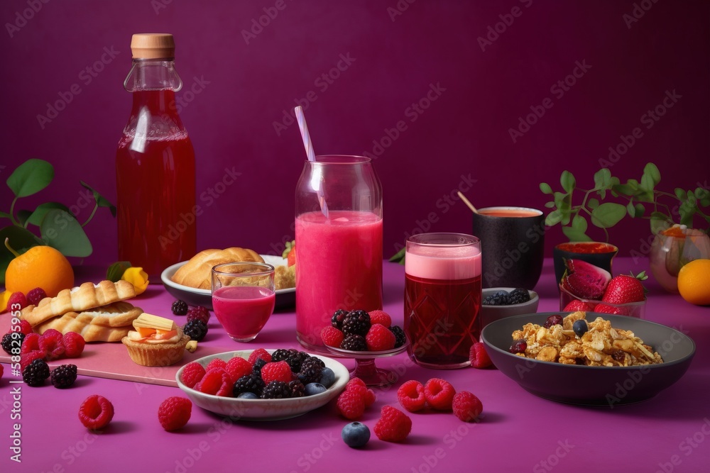  a table topped with plates of food and cups of juice next to a bottle of juice and a bowl of fruit 