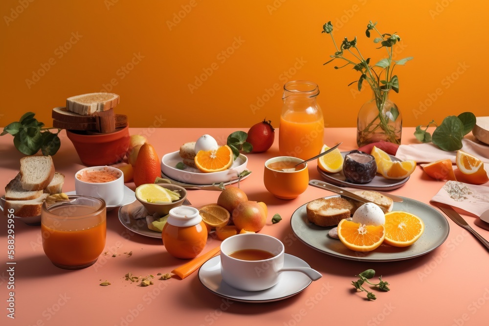  a table topped with plates of food and cups of coffee and oranges and a vase filled with oranges an