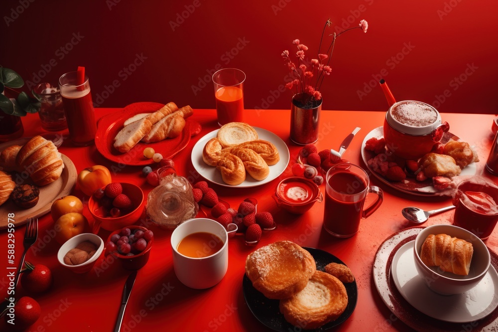  a red table topped with plates of food and cups of coffee next to croissants and croissants on a pl