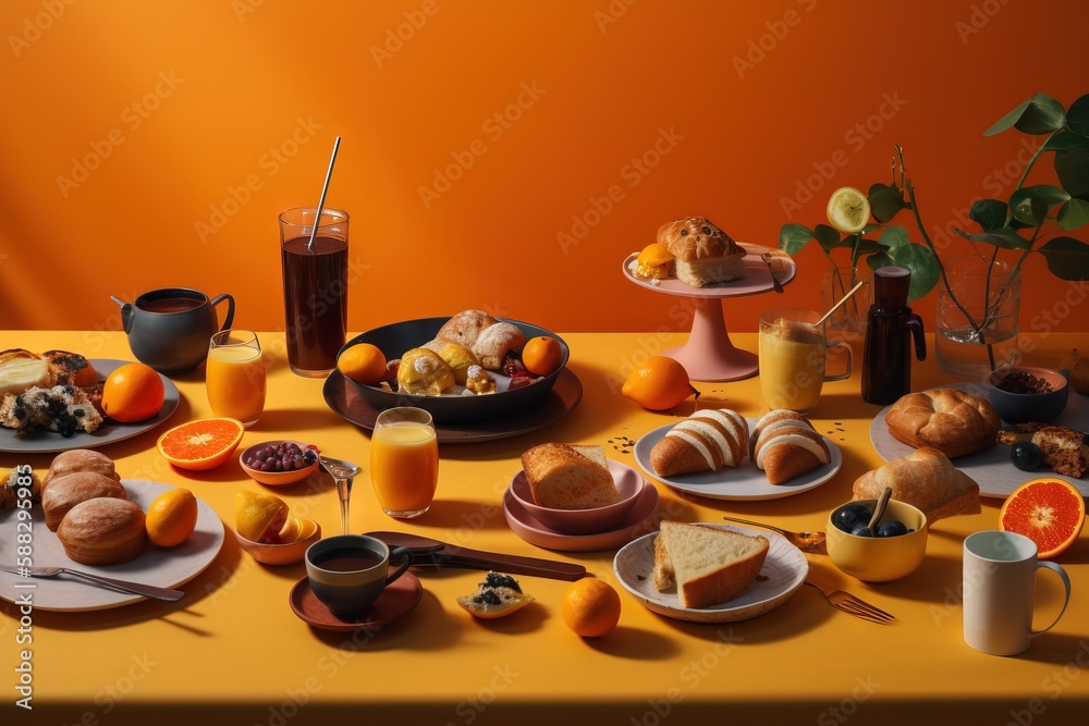  a yellow table topped with plates and bowls of food next to a vase filled with oranges and oranges 