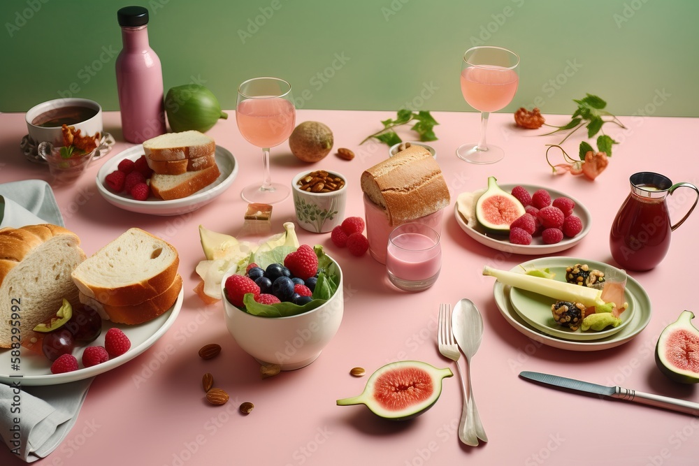  a pink table topped with plates and bowls of food next to a bowl of fruit and a bowl of bread and a