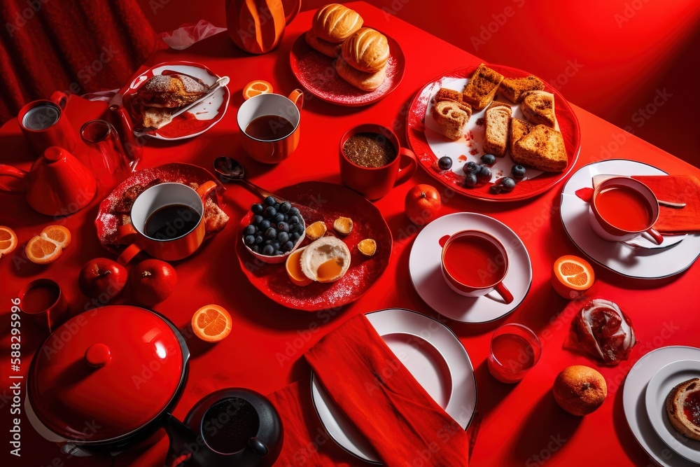  a red table topped with plates of food and cups of coffee and orange slices on top of a red table c