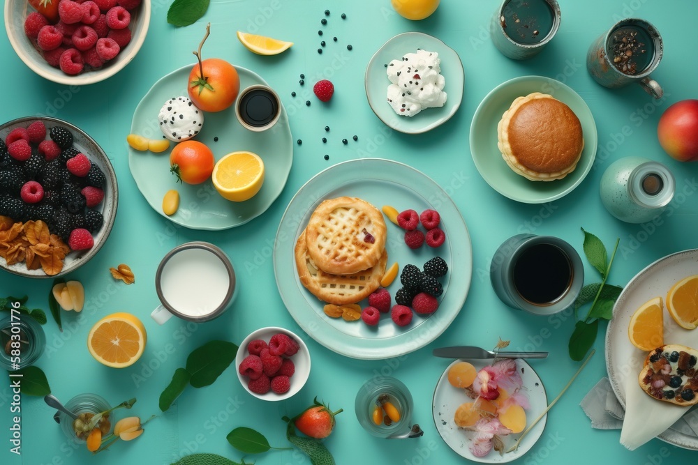  a blue table topped with plates of food and fruit next to cups of coffee and oranges and a cake on 