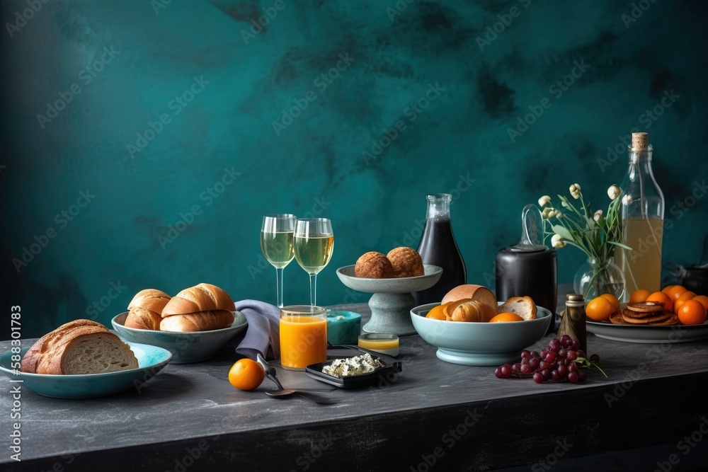  a table topped with bowls of food and glasses of wine next to a bottle of wine and a plate of bread