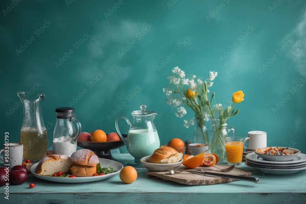  a table topped with plates of food and a vase filled with oranges and other fruits and vegetables n