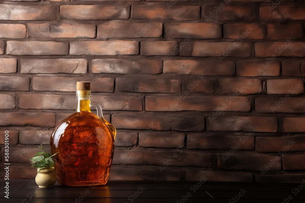  a bottle of liquor sitting on a table next to a brick wall with a small potted plant in front of it