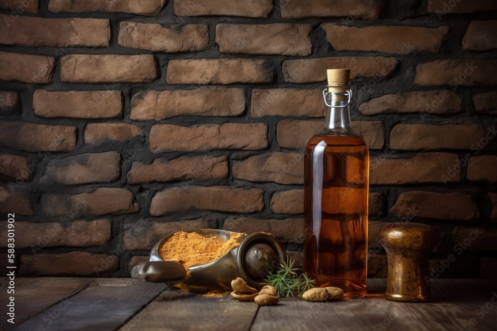  a bottle of olive oil next to a mortar and a bottle of olive oil on a wooden table next to a brick 