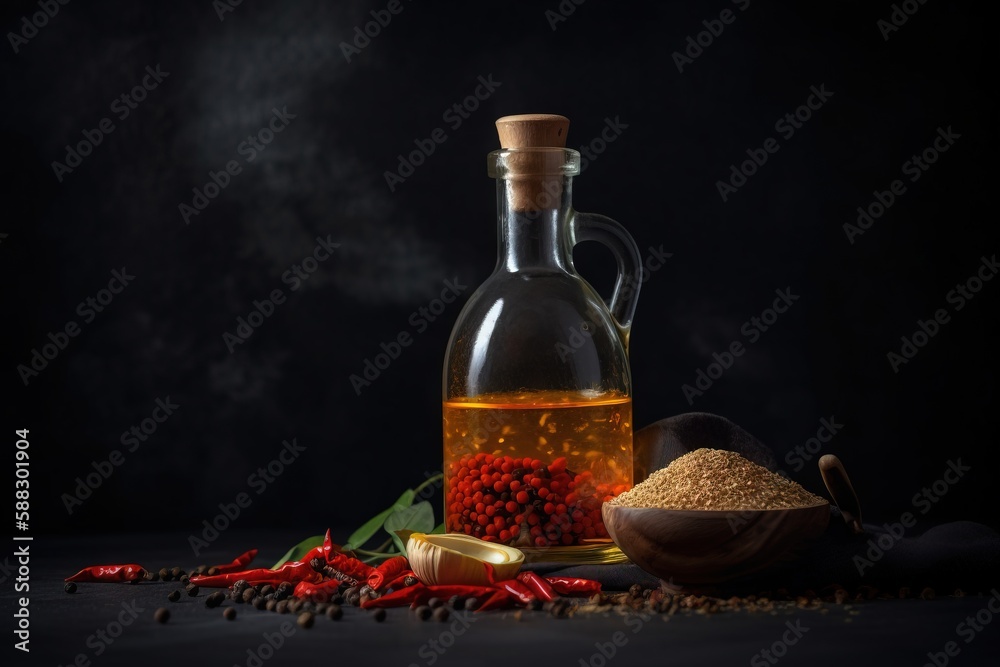  a bottle of oil, a spoon, and some chili peppers on a black background with a spoon and a bowl of c