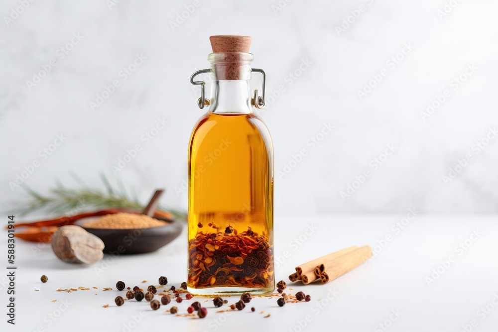  a bottle filled with a mixture of spices next to a bowl of spices and a spoon with a wooden spoon i