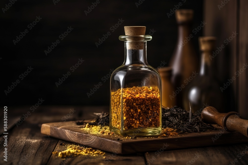  a bottle filled with spices sitting on top of a wooden cutting board next to bottles of mustard and