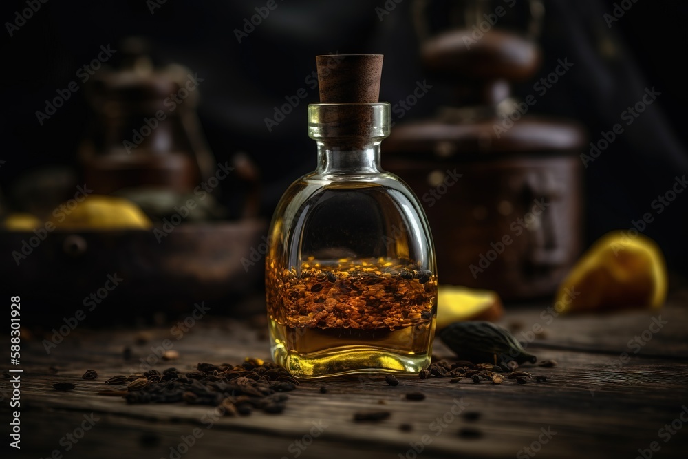  a glass bottle filled with a mixture of tea and other things on a table next to a grinder and a lem