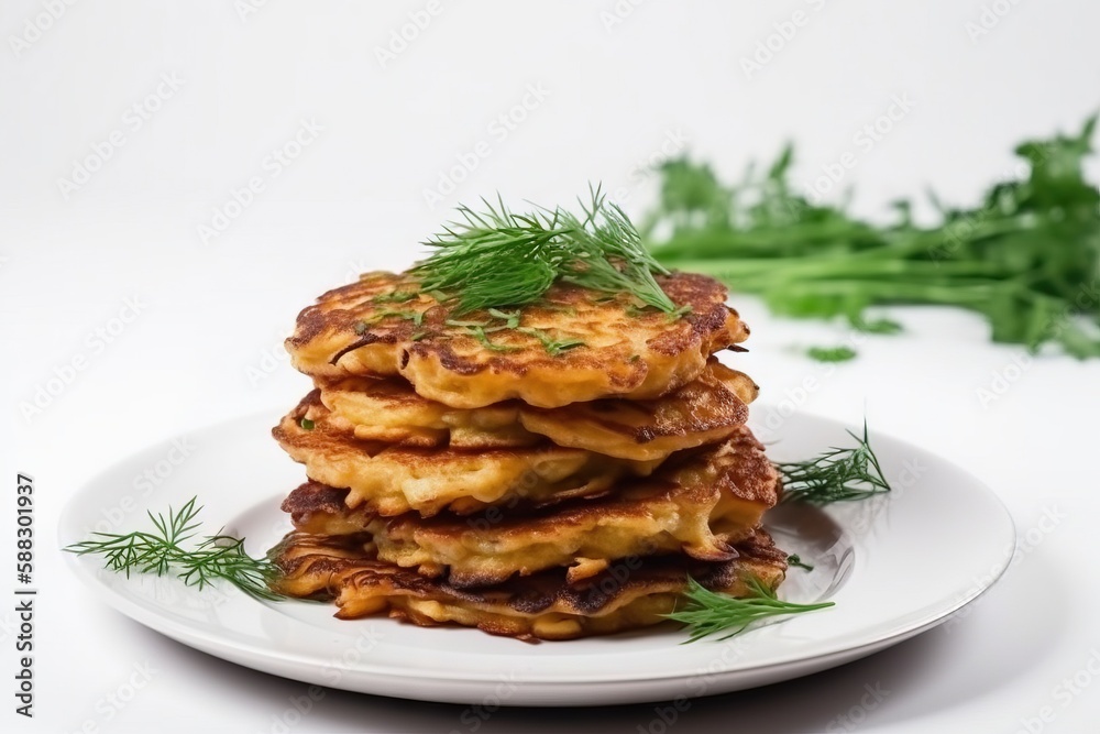  a stack of pancakes on a white plate with a sprig of dill on top of the pancakes on the side of the