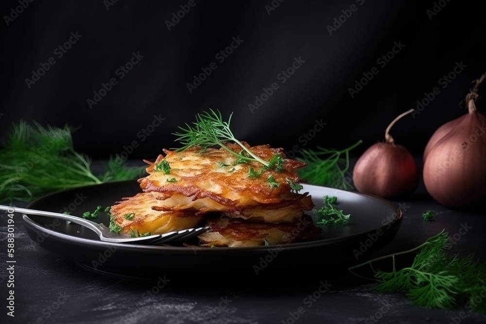  a plate of food with a fork and some onions on a black tablecloth with a black background and a dar