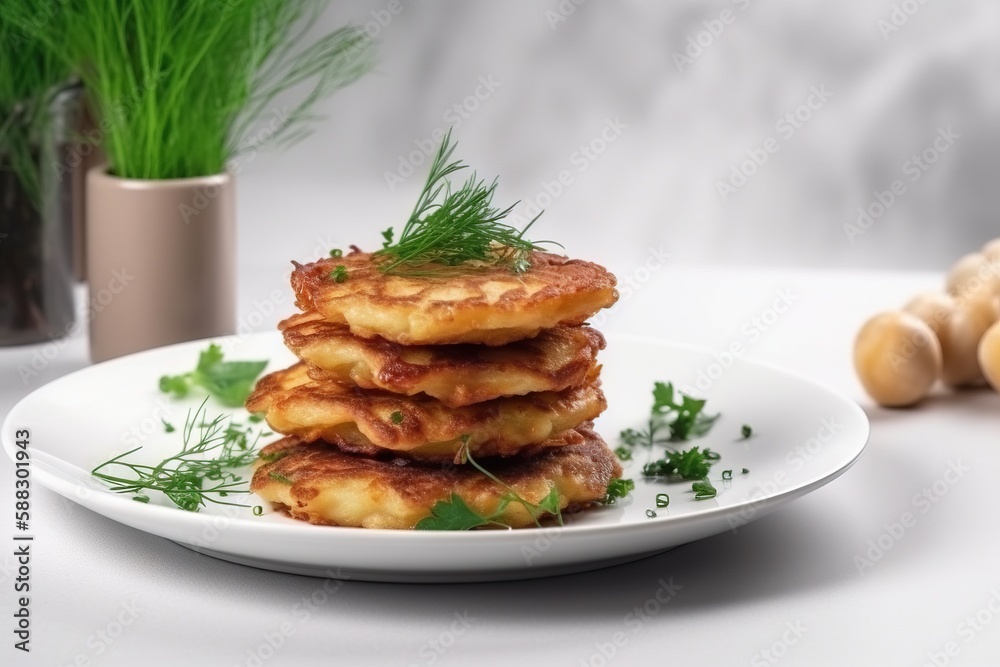  a stack of food sitting on top of a white plate next to a vase with a green plant in the middle of 