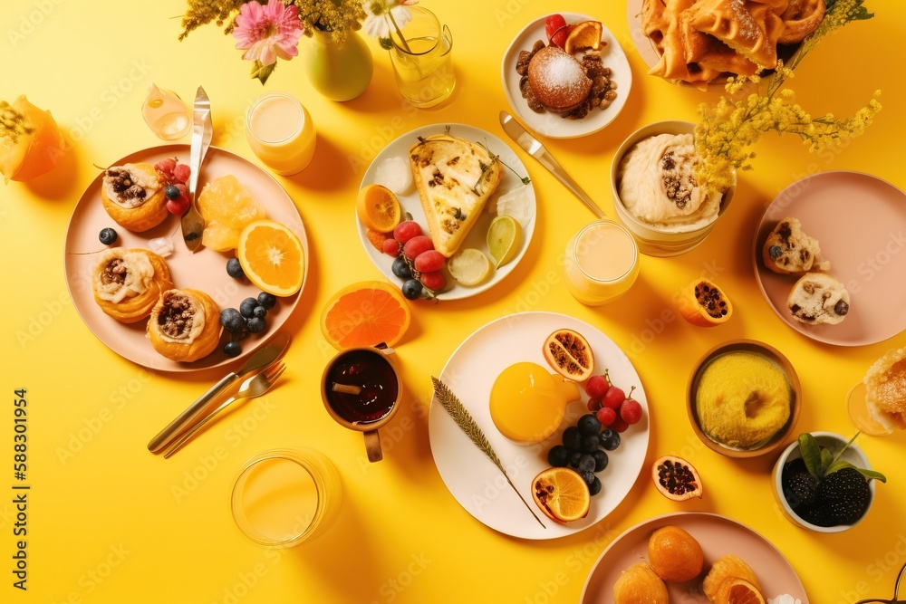  a table topped with plates of food next to cups of juice and a vase of flowers on top of a yellow t