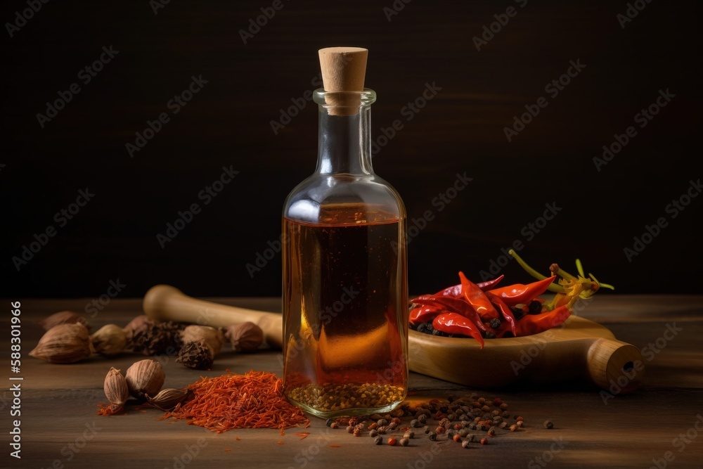  a bottle of hot chili oil next to a bowl of chili peppers and a wooden spoon on a table with spices