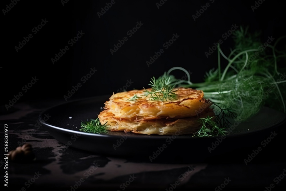  a black plate topped with a pile of food next to a leafy green plant on a black tablecloth covered 