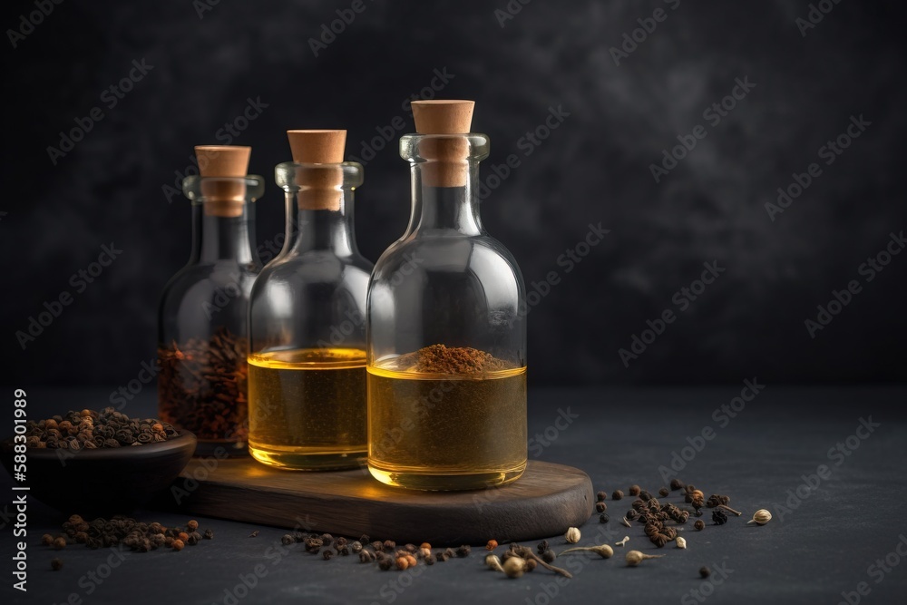  three bottles of oil and spices on a wooden board on a dark background with a spoon and a spoon ful