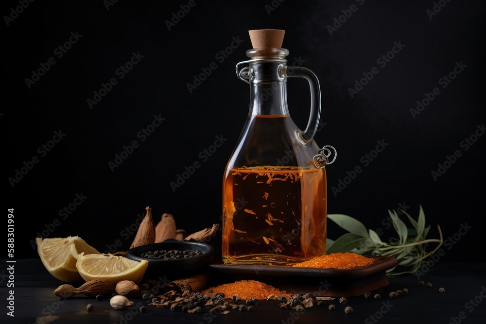  a bottle of tea next to a bowl of spices and a lemon on a plate on a black surface with a few leave