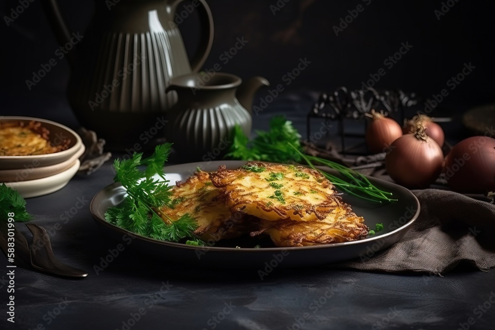  a plate of food on a table next to a pitcher of eggs and a bowl of onions and parsley on a tableclo