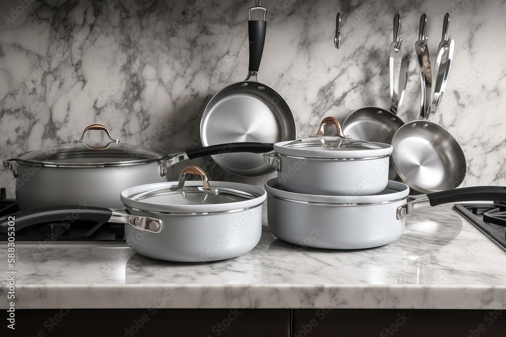  a marble counter top with pots and pans on top of it and a stove top oven with pots and pans on top