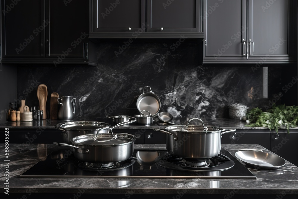  a stove top with pots and pans on it in a kitchen with black cabinets and marble counter tops and a