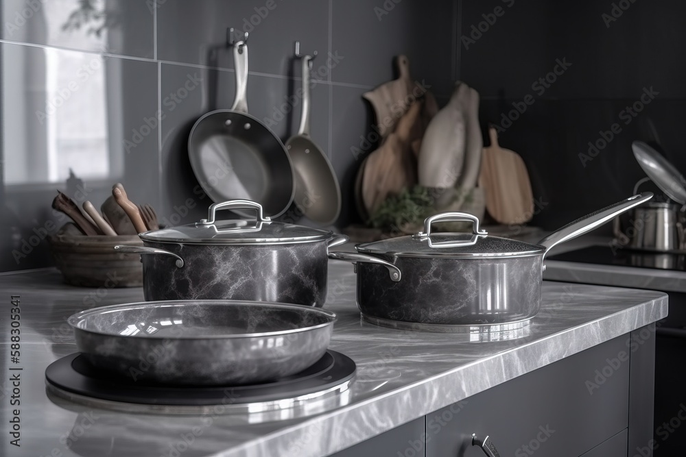  pots and pans are sitting on a kitchen counter top with utensils and pots on the counter top behind