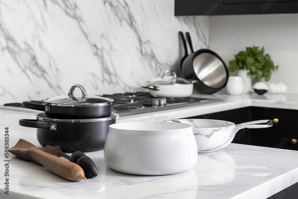  a kitchen counter with pots and pans on it and a pot on the stove top next to a spatula and a spatu