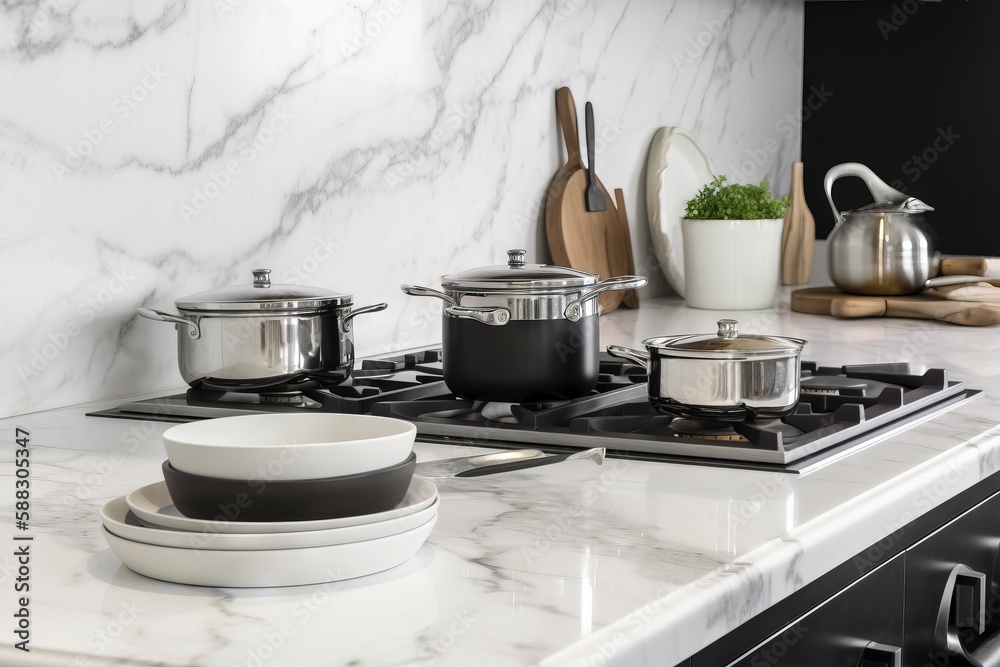  a kitchen counter with pots and pans on top of it and a stove top with a stove top oven and a pot a