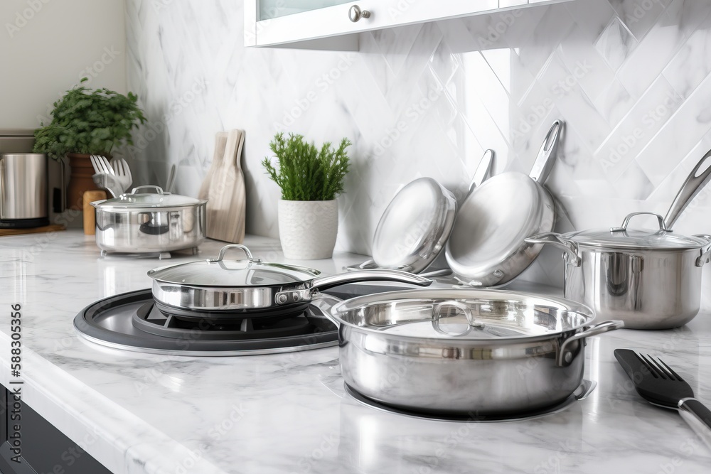  a kitchen counter with pots and pans on it and a pot and pan on the stove top and a pot and pan on 