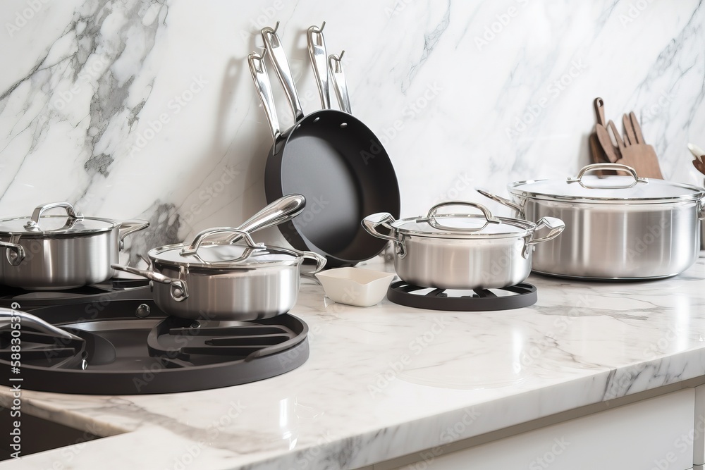  a marble counter top with pots and pans on top of it and utensils on the side of the counter top an