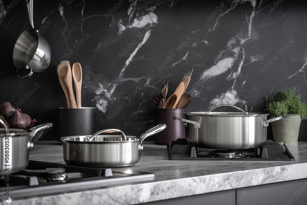  pots and pans are lined up on a kitchen countertop with marbled backsplash and black marbled walls 