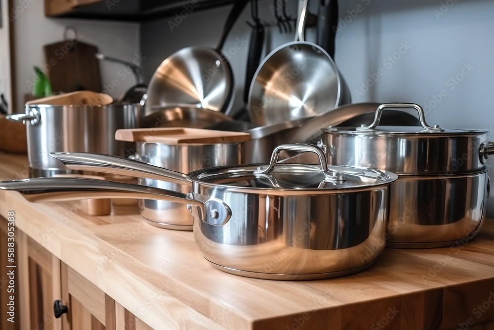  a kitchen counter with pots and pans on it and a wooden counter top with utensils on it and a woode