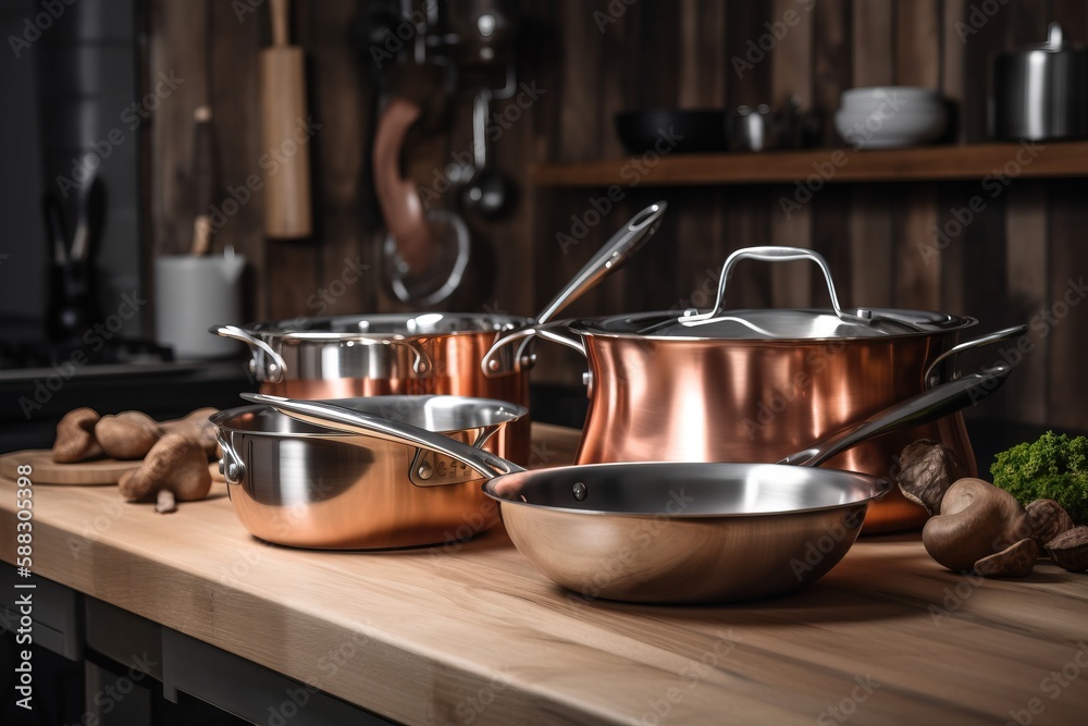  a kitchen counter with pots and pans on it and a wooden counter top with nuts and other kitchen ite