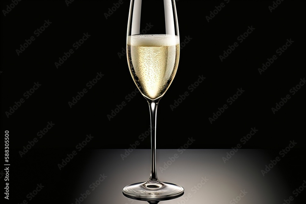  a glass of champagne on a black background with a reflection of the glass in the glass and a black 