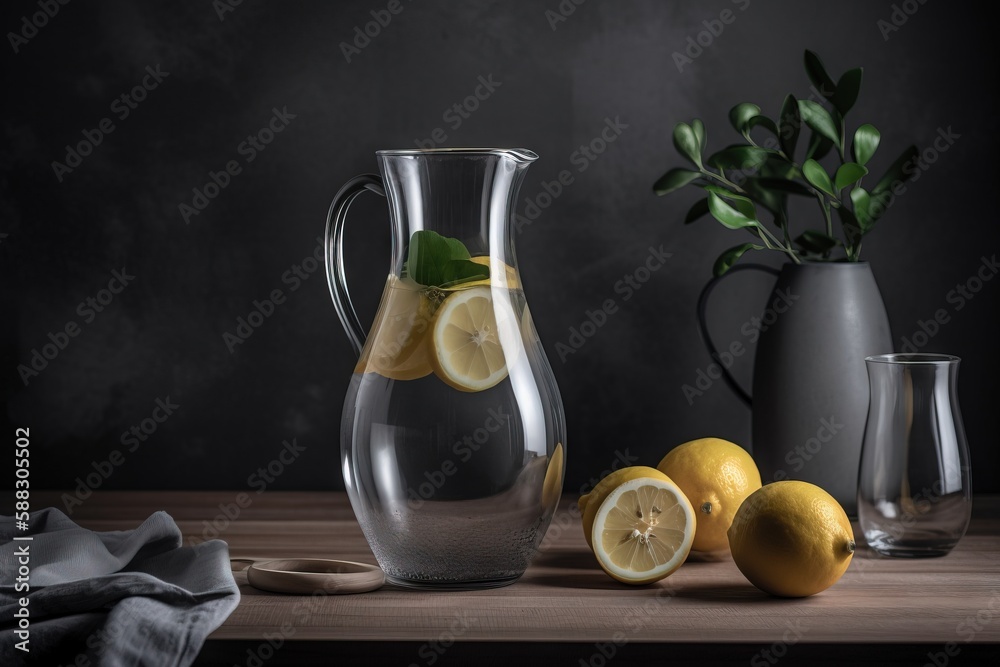  a pitcher of lemons and a glass of water on a table with a cloth and a vase of lemons on the side o