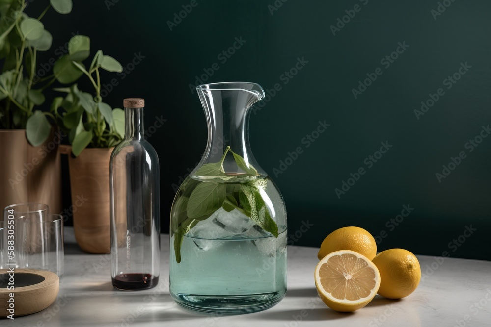  a pitcher of water with lemons and a glass of water on a table with a potted plant in the backgroun