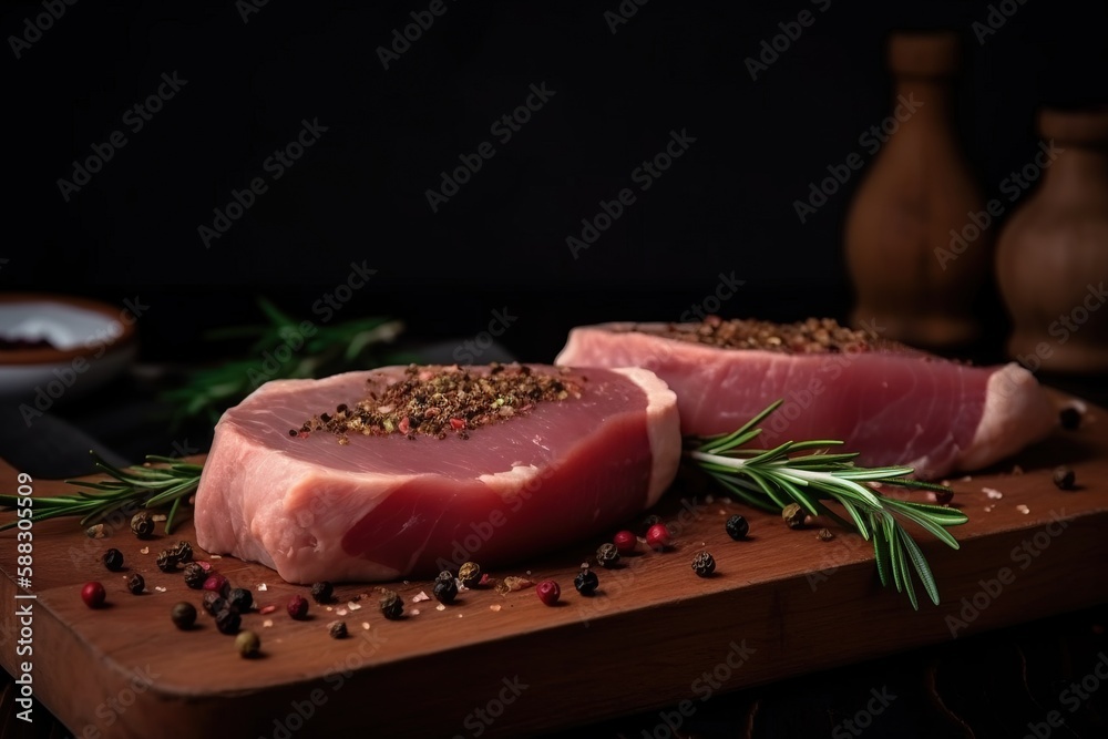  two pieces of meat on a cutting board with spices and seasoning on top of it, with a bottle of wine