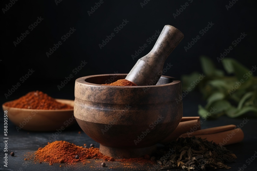  a mortar and a mortar bowl with spices in it on a black surface with a green plant in the corner of