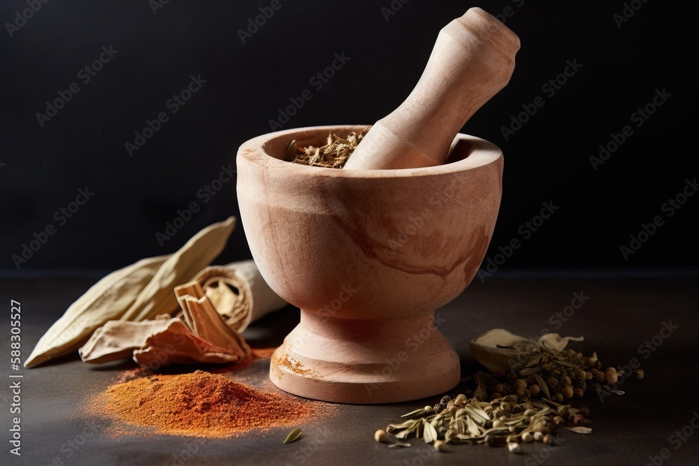  a mortar and a mortar bowl with spices on a table next to a bag of dried herbs and a bag of dried h