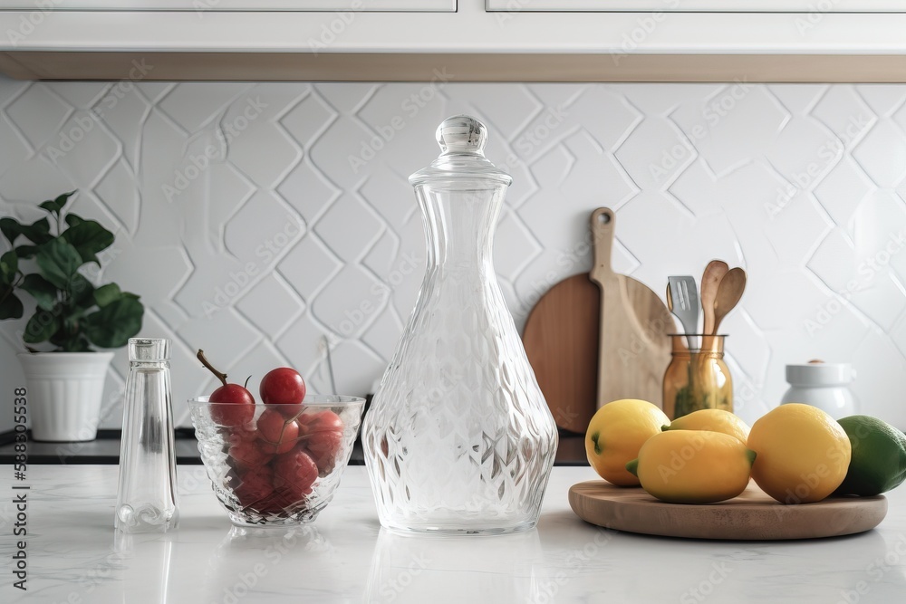  a kitchen counter with a glass bottle, fruit and a cutting board on top of it and a cutting board o